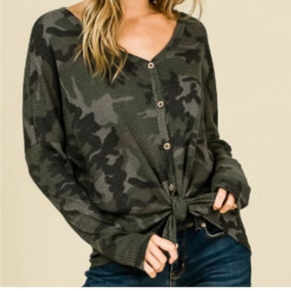 #076  7th Ray Camo Waffle Knit Button Down Tie Front Shirt Large - Picture 1 of 15